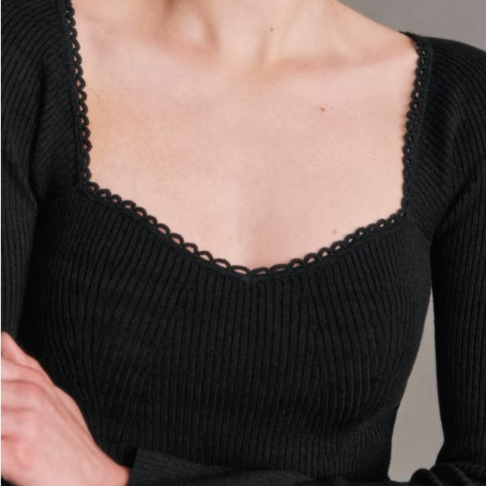 Sezane Black Ribbed Square-Neck Sweater